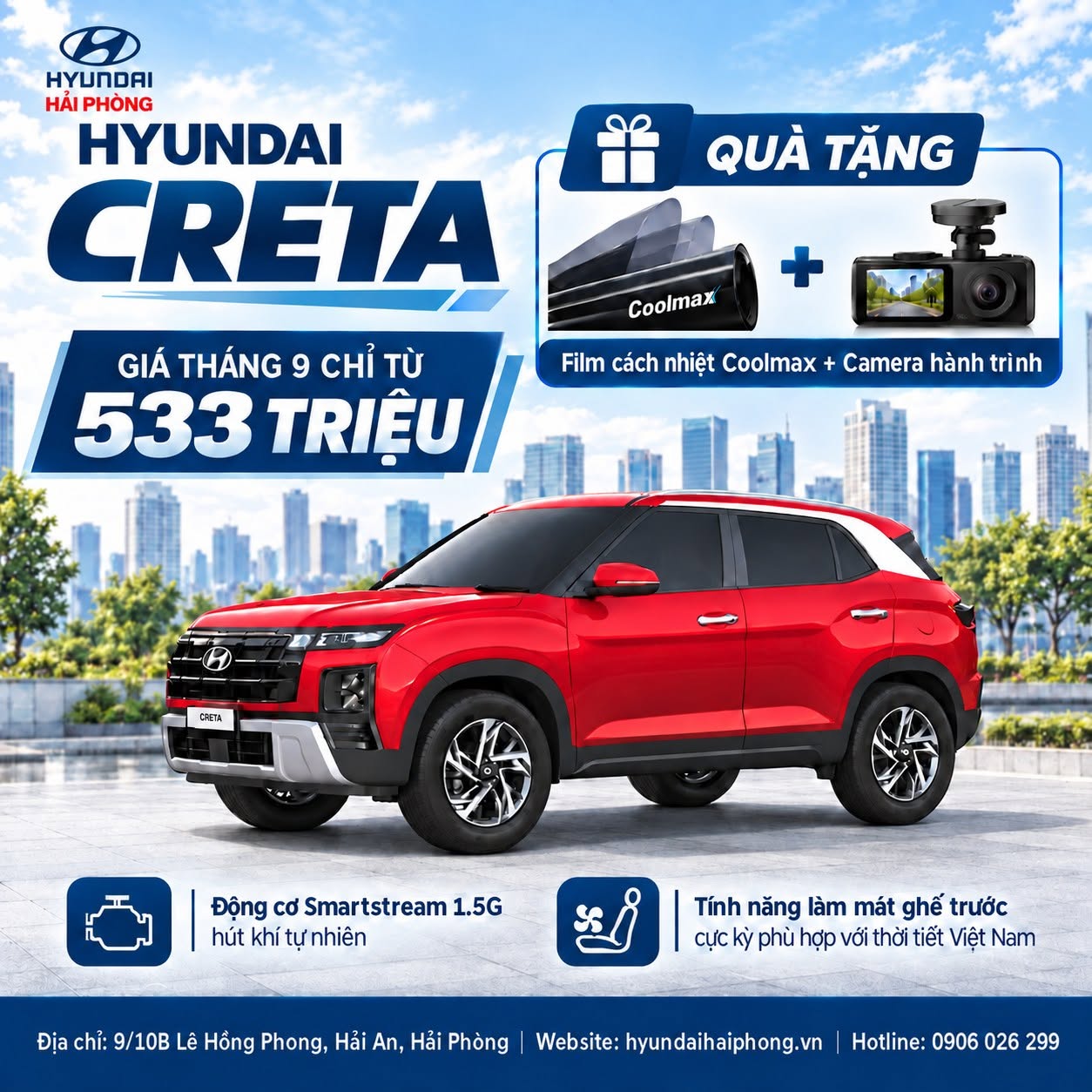 Sở hữu ngay Hyundai Creta – mẫu SUV đô thị hiện đại, trẻ trung, vận hành linh hoạt và phù hợp với nhu cầu sử dụng hằng ngày của gia đình Việt.