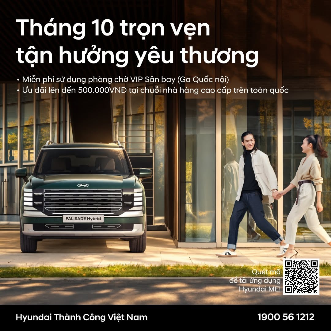 Hội viên Hyundai nhận ưu đãi phòng chờ sân bay nội địa và giảm đến 500.000 đồng khi dùng bữa từ 10–31/10/2026. Xem điều kiện và cách nhận e-voucher trên Hyundai ME!.